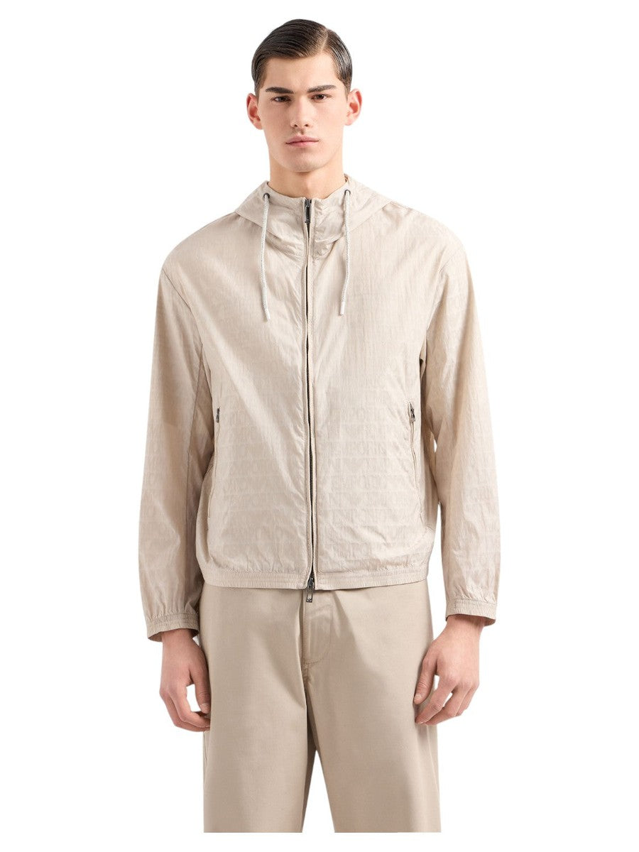 Blouson con cappuccio e zip in nylon light jacquard lettering all over-Emporio Armani-Giacche-Vittorio Citro Boutique