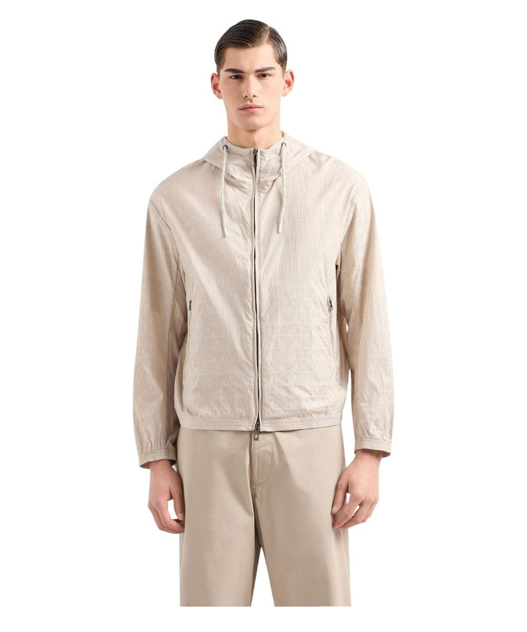 Blouson con cappuccio e zip in nylon light jacquard lettering all over-Emporio Armani-Giacche-Vittorio Citro Boutique