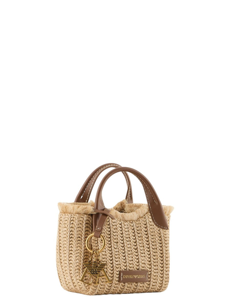Borsa a mano in paglia intrecciata con charm logo-Emporio Armani-Borse a mano-Vittorio Citro Boutique