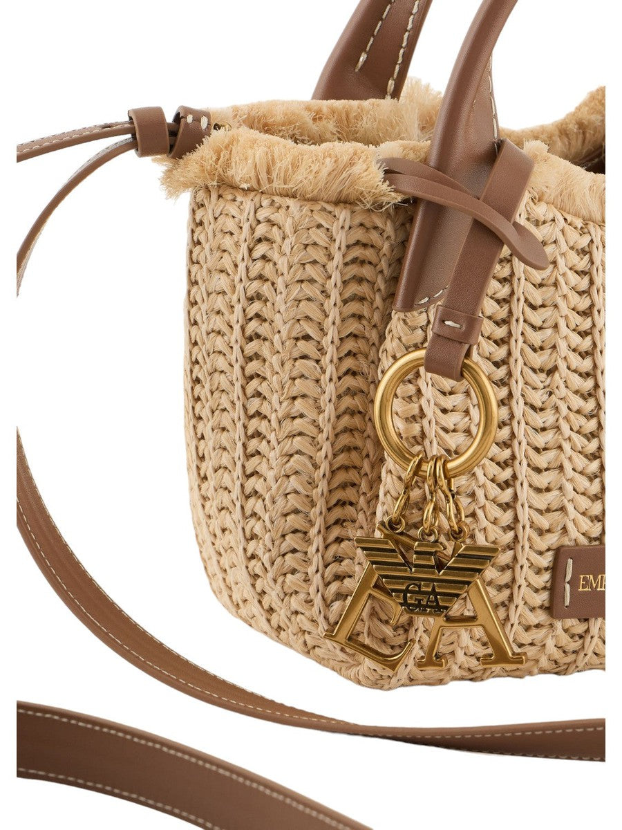 Borsa a mano in paglia intrecciata con charm logo-Emporio Armani-Borse a mano-Vittorio Citro Boutique