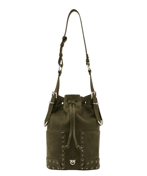 Pinko Bucket Mini aus Veloursleder mit Nieten und Schulterriemen