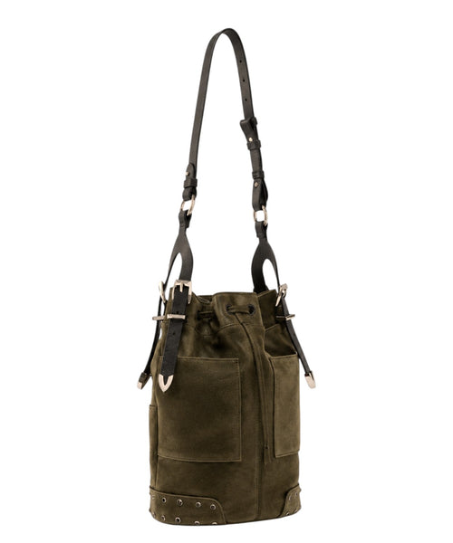 Pinko Bucket Mini aus Veloursleder mit Nieten und Schulterriemen