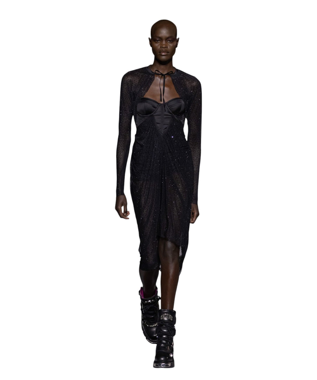 GCDS Sparkling Draped Dress Black with Crystals