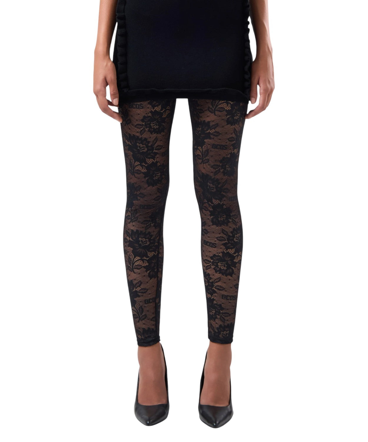 Leggings in Pizzo Elasticizzato con Logo e Motivo Floreale
