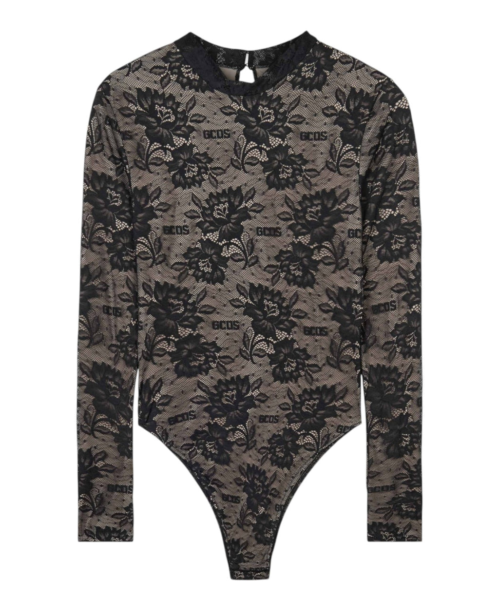 Body GCDS in Pizzo Elasticizzato con Logo e Motivo Floreale