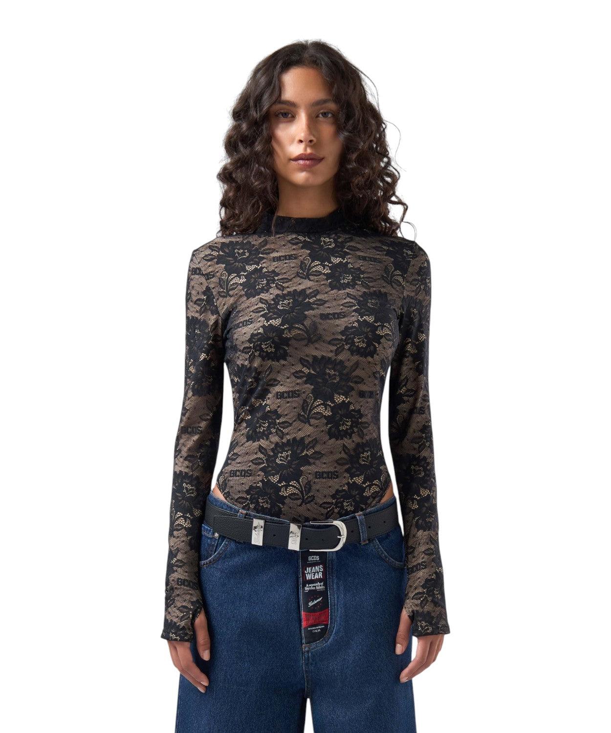 Body GCDS in Pizzo Elasticizzato con Logo e Motivo Floreale