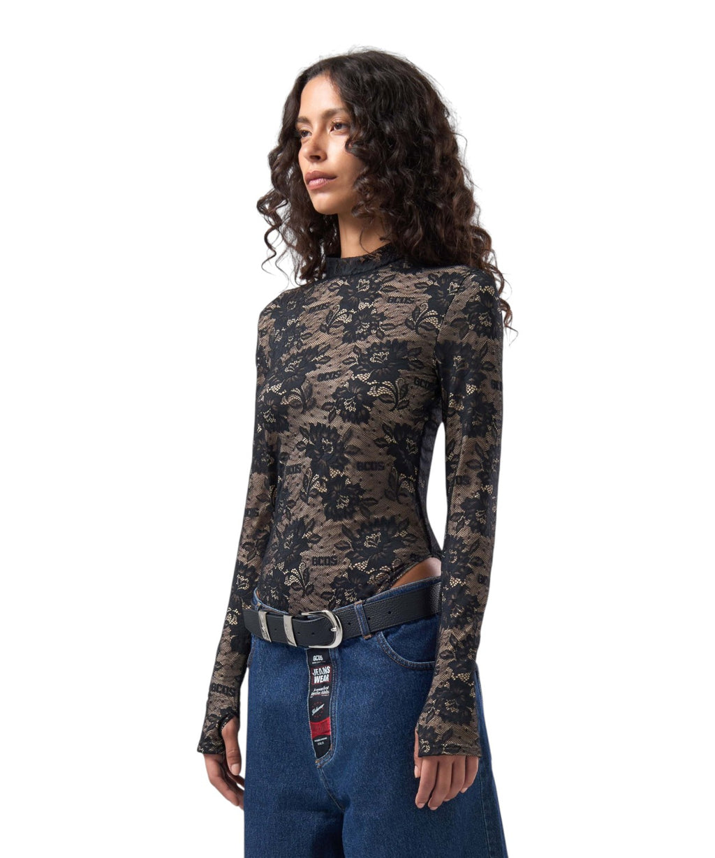 Body GCDS in Pizzo Elasticizzato con Logo e Motivo Floreale