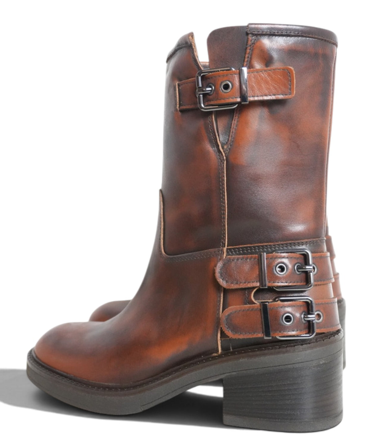 Archyve Women's Distressed Leather Biker Boots with Buckles