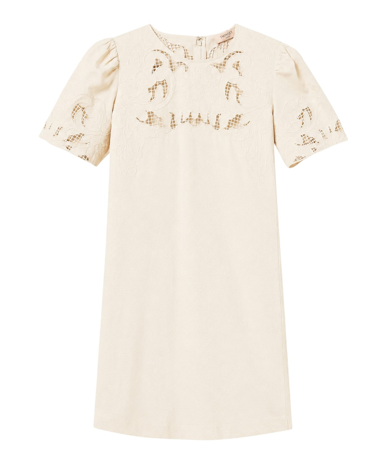 Kort kjole i hørblanding med elegant broderi