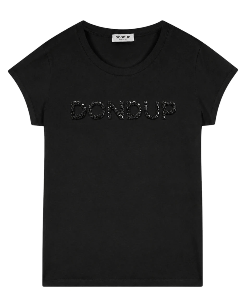 T-shirt Elegante con Logo e Perline Tono su Tono