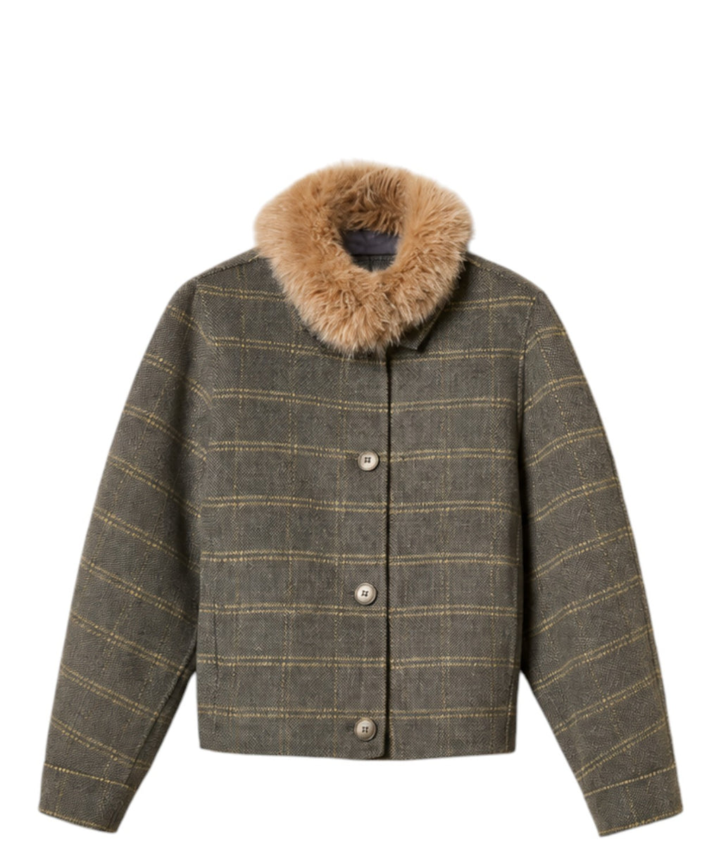 Caban Donna in Lana Check con Collo Faux Fur