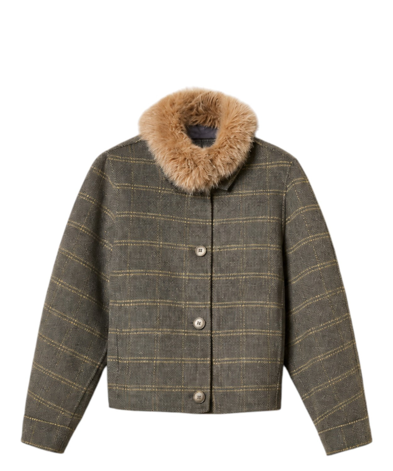 Caban Donna in Lana Check con Collo Faux Fur