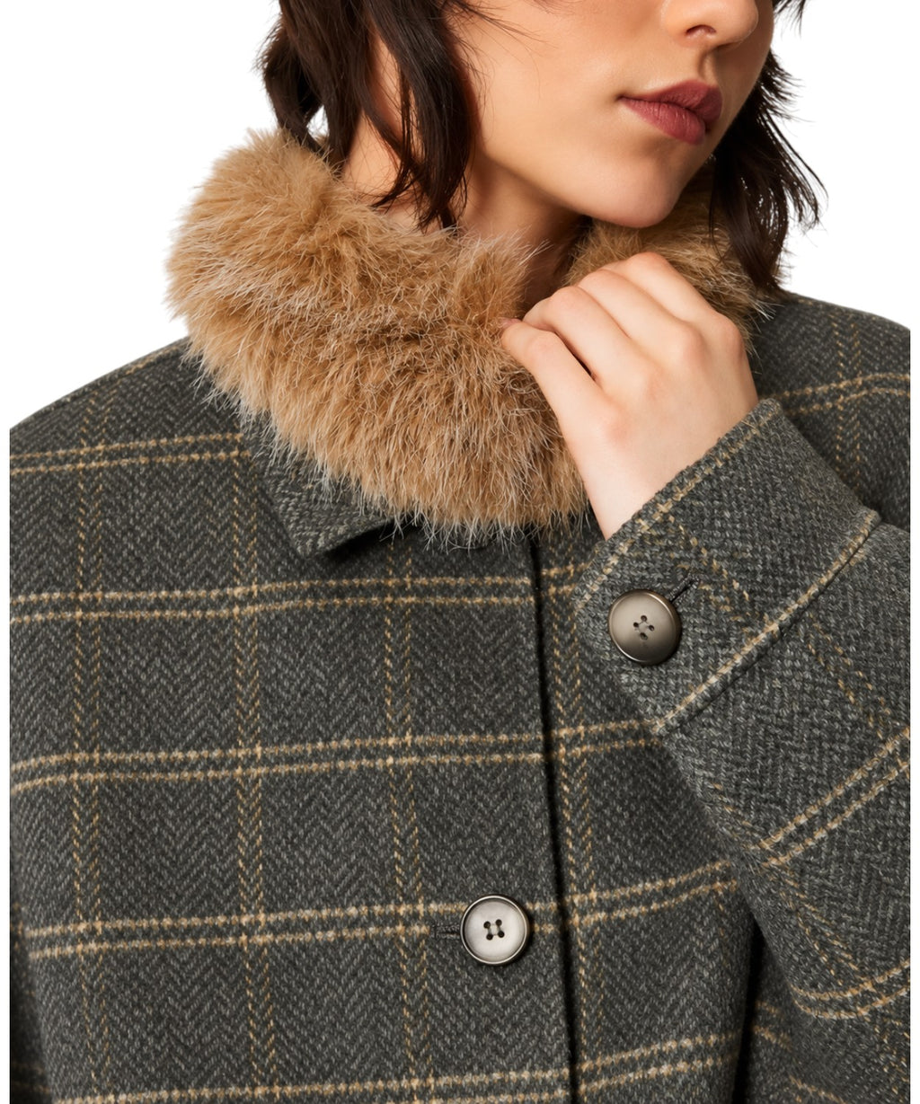 Caban Donna in Lana Check con Collo Faux Fur