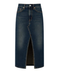 Midi denimnederdel med frontslids og dekonstrueret design