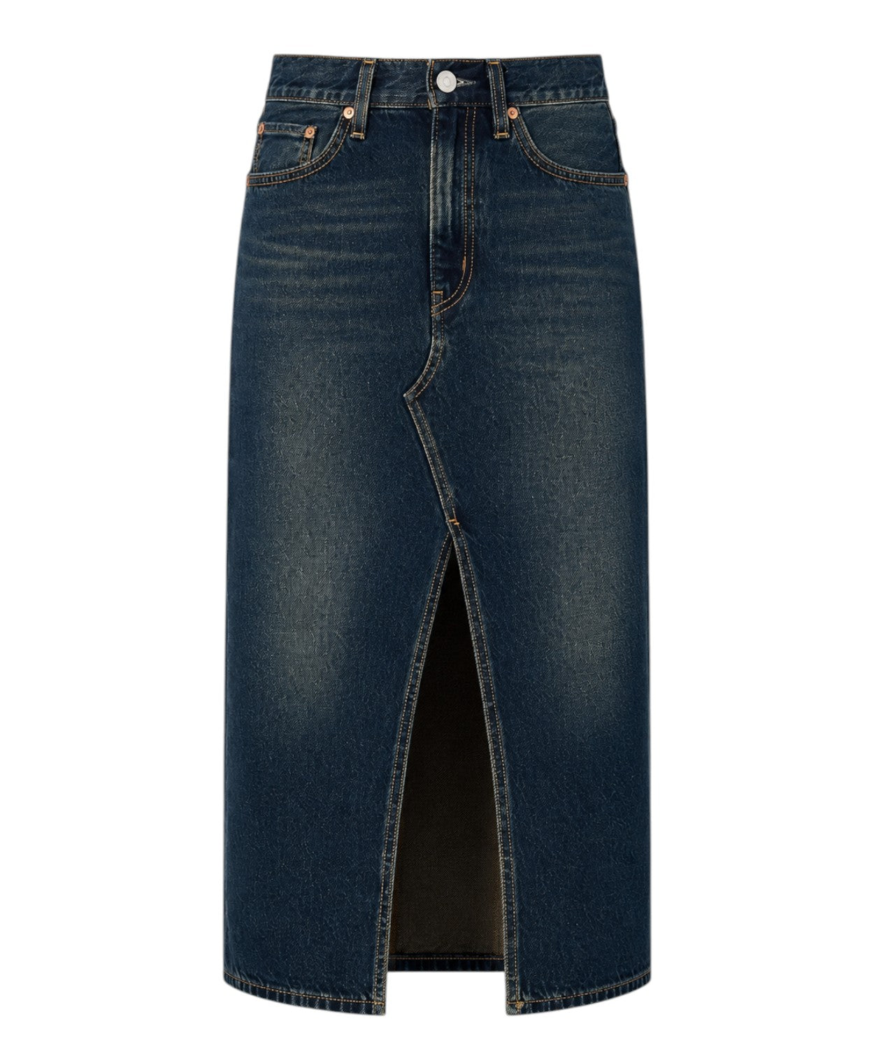 Midi denimnederdel med frontslids og dekonstrueret design