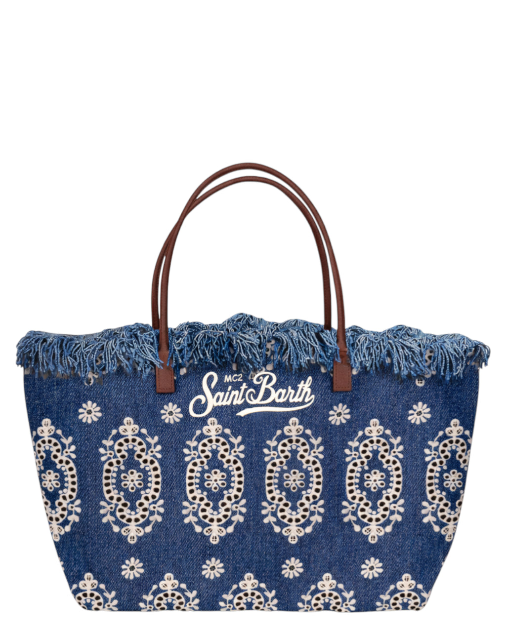 Klassische City-Tasche aus Sangallo-Denim mit Fransen