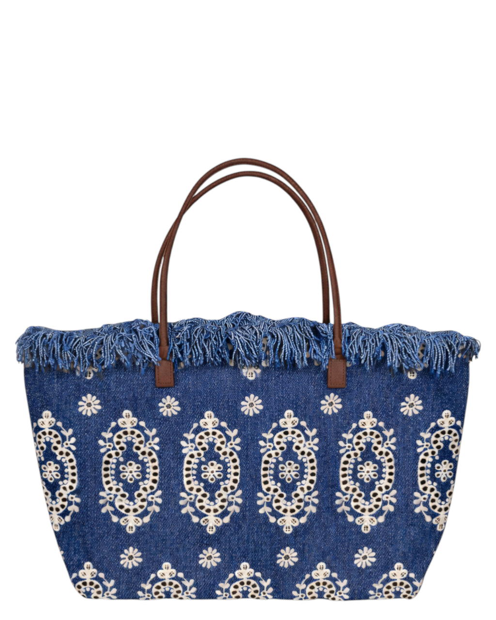 Klassische City-Tasche aus Sangallo-Denim mit Fransen
