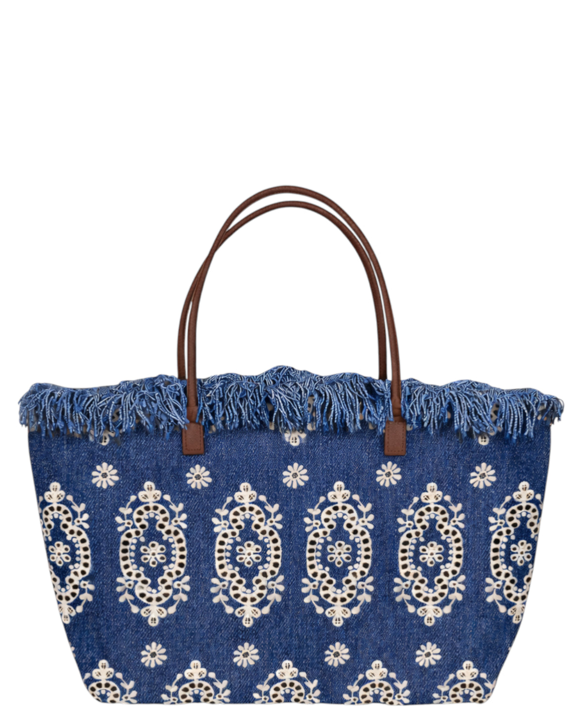 Borsa City Regular Sangallo denim con Frange