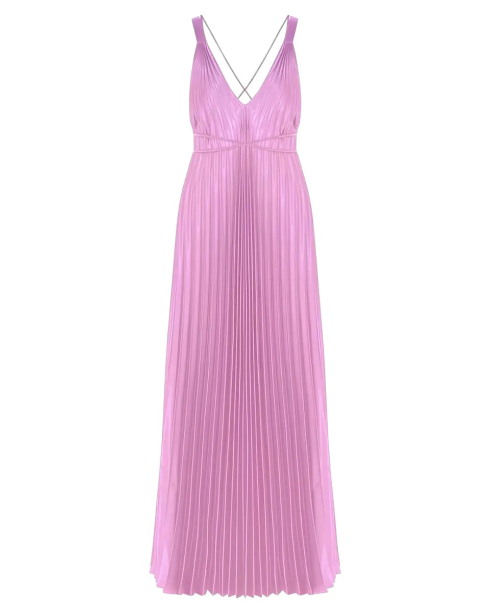 Abito Lungo in Raso Plissé con Scollo a V e Schiena Scoperta-Beatrice B-Abiti-Vittorio Citro Boutique
