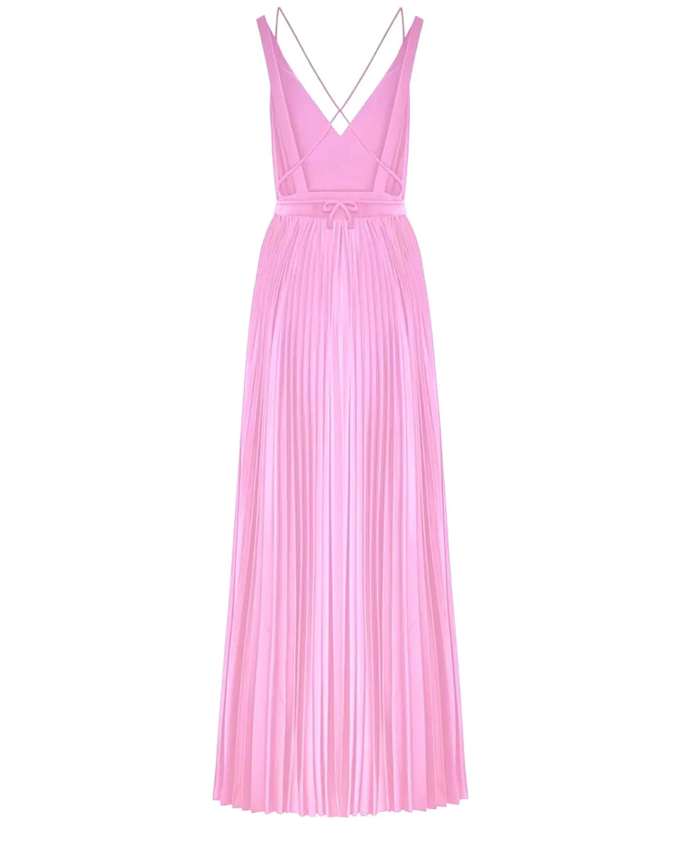 Abito Lungo in Raso Plissé con Scollo a V e Schiena Scoperta-Beatrice B-Abiti-Vittorio Citro Boutique