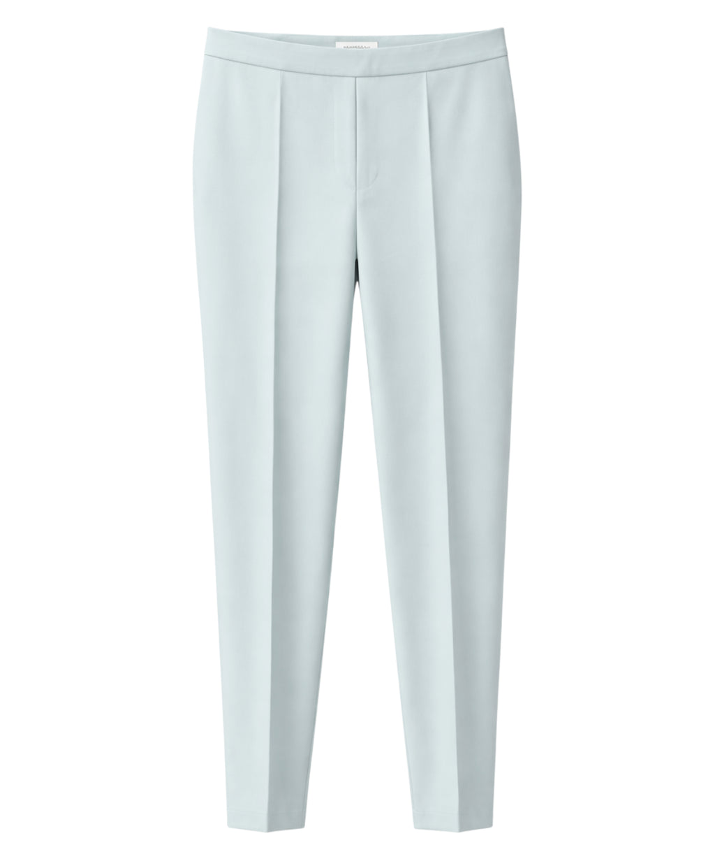 Blaue und weiße Stoffhose mit Bundfalten