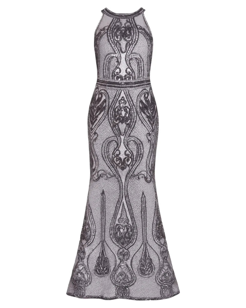 Abito lungo in rete con paillettes e schiena scoperta-Abiti-LADY CHIC-Vittorio Citro Boutique