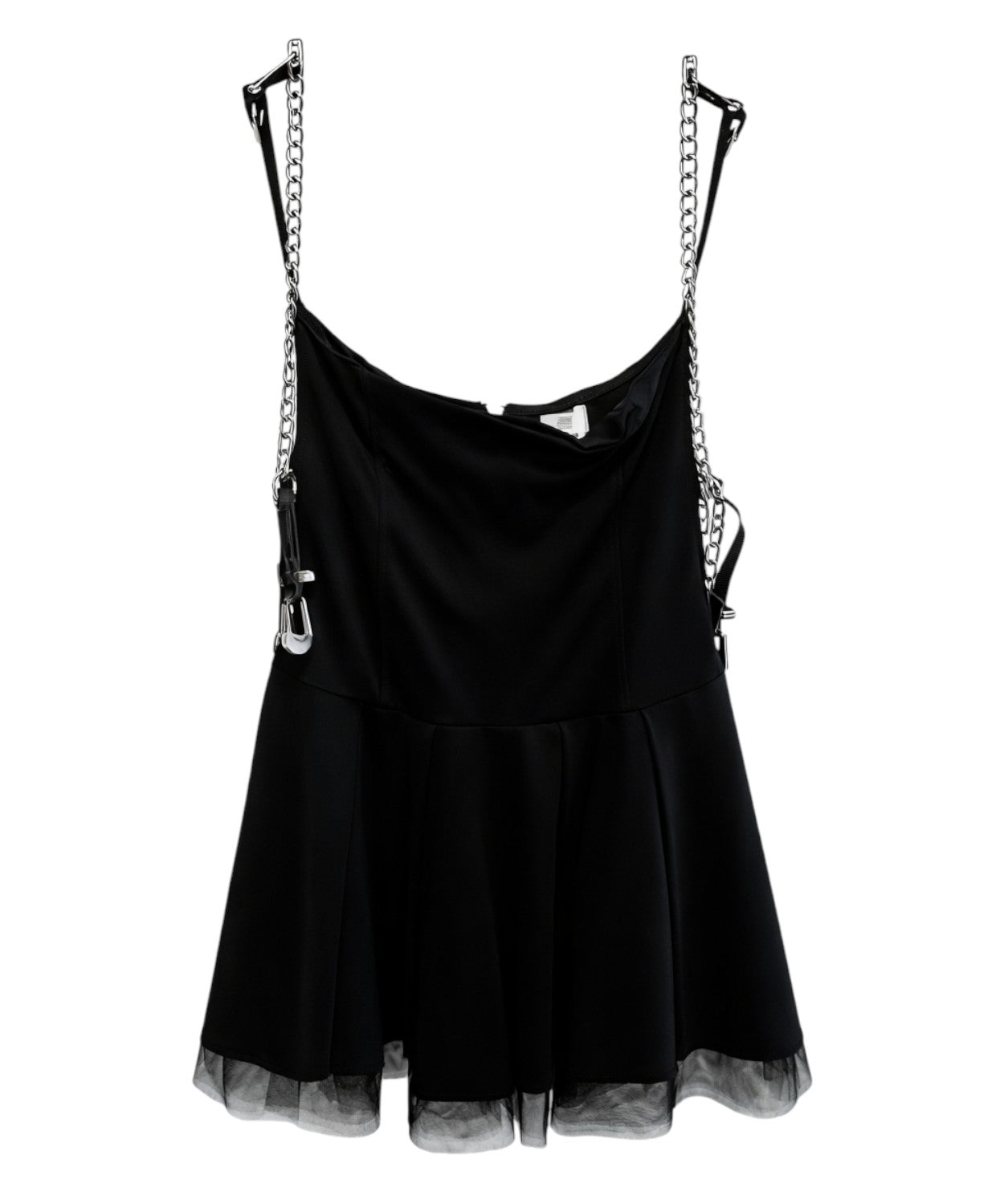 Abito Salopette Nero con Bretelle a Catena e Balze