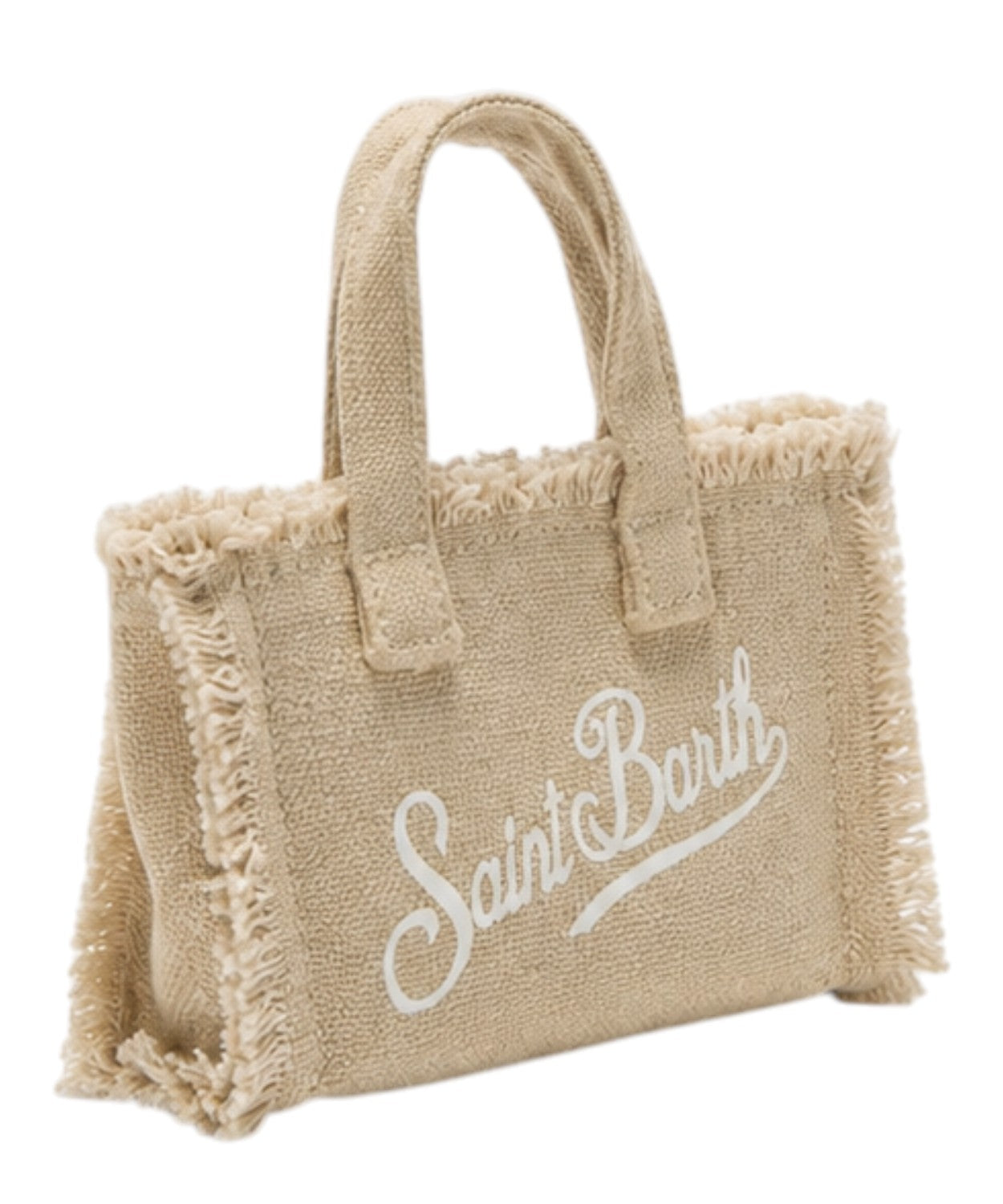 Keychain Mini Borsa in Lino Beige con Logo Stampato