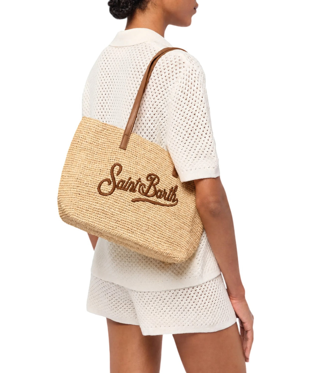 Borsa Rafia City Mid beige con logo Saint Barth