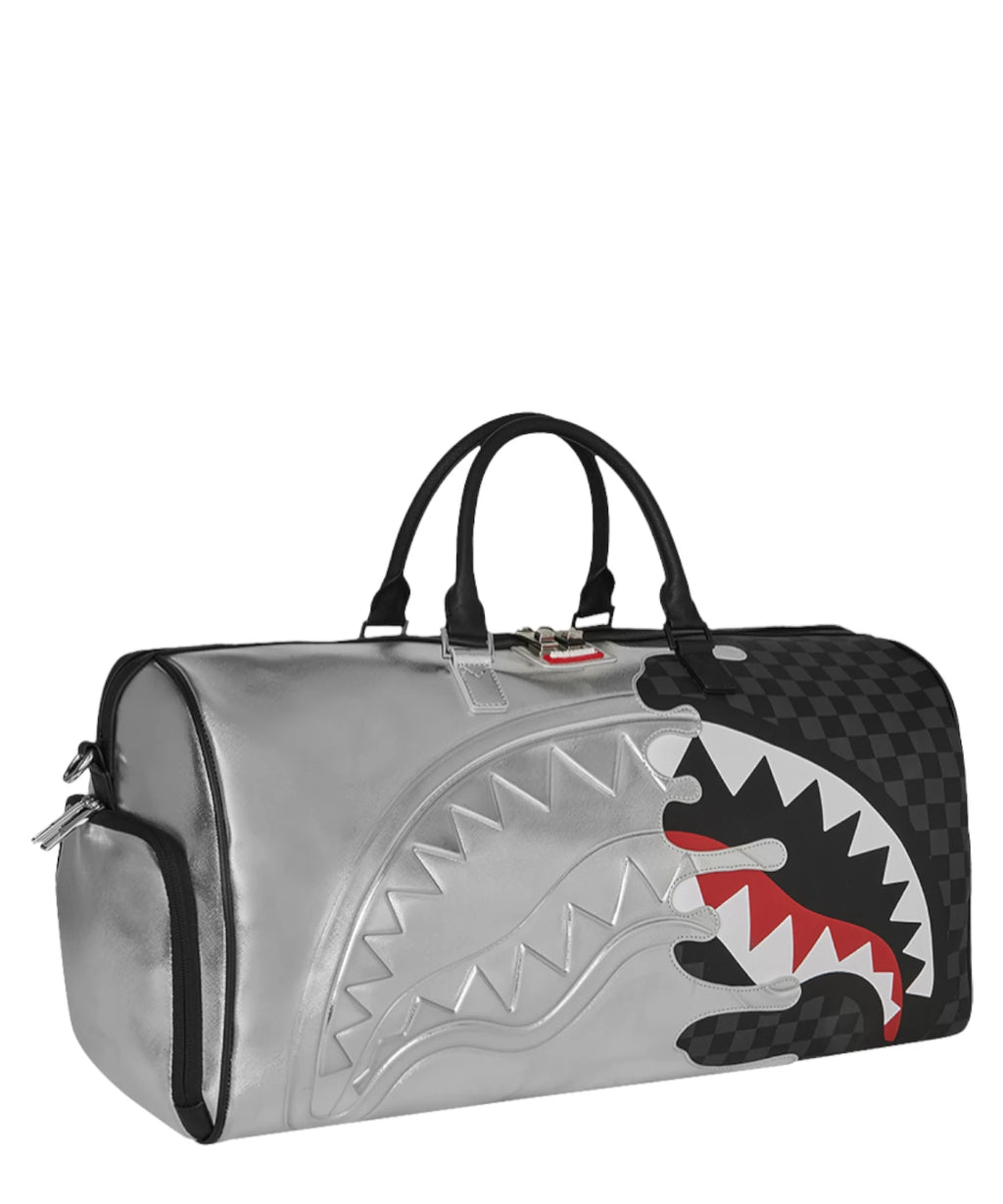 Sprayground Silver Side Drip Black Check Large Duffel Bag