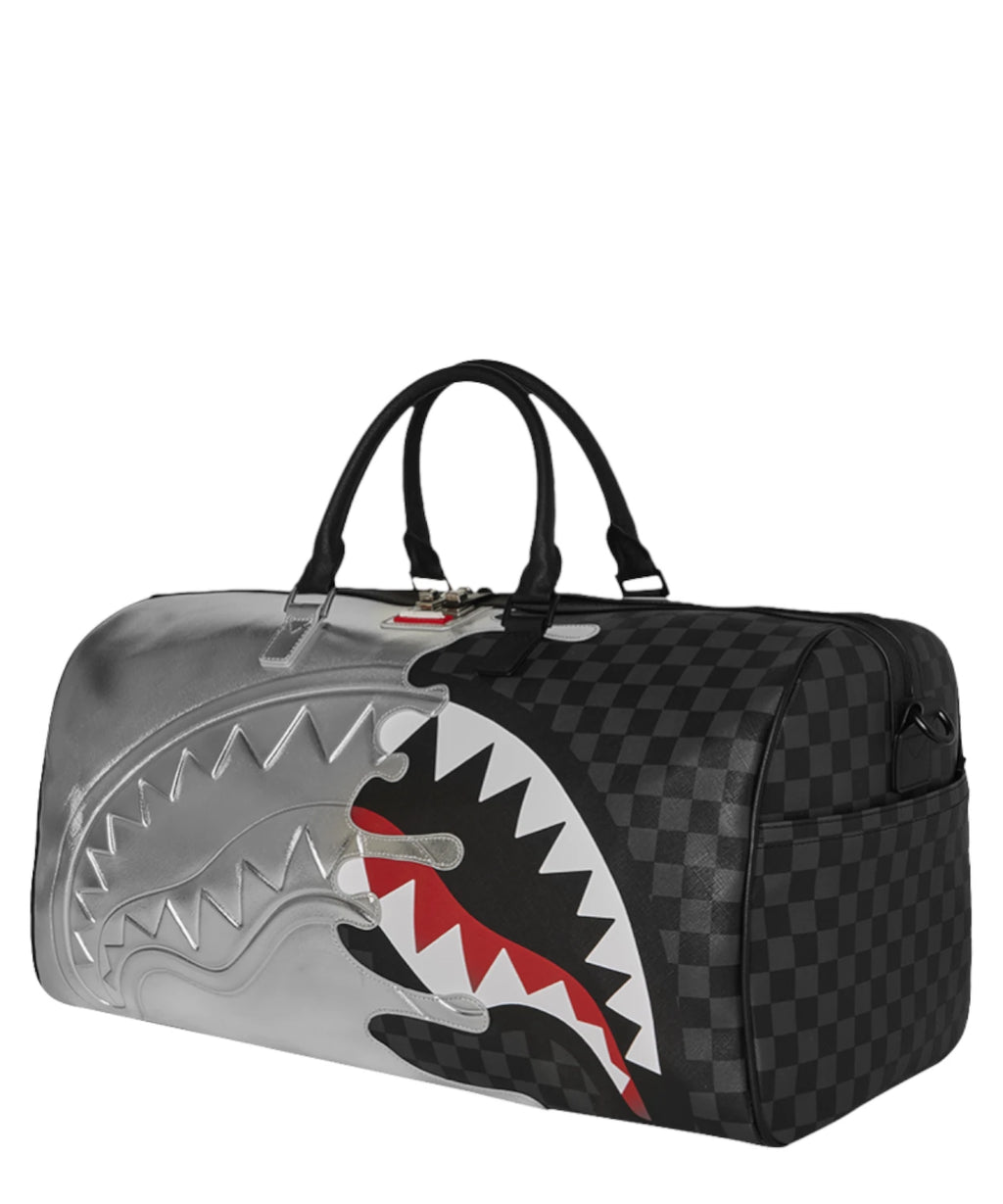 Sprayground Silver Side Drip Black Check Large Duffel Bag