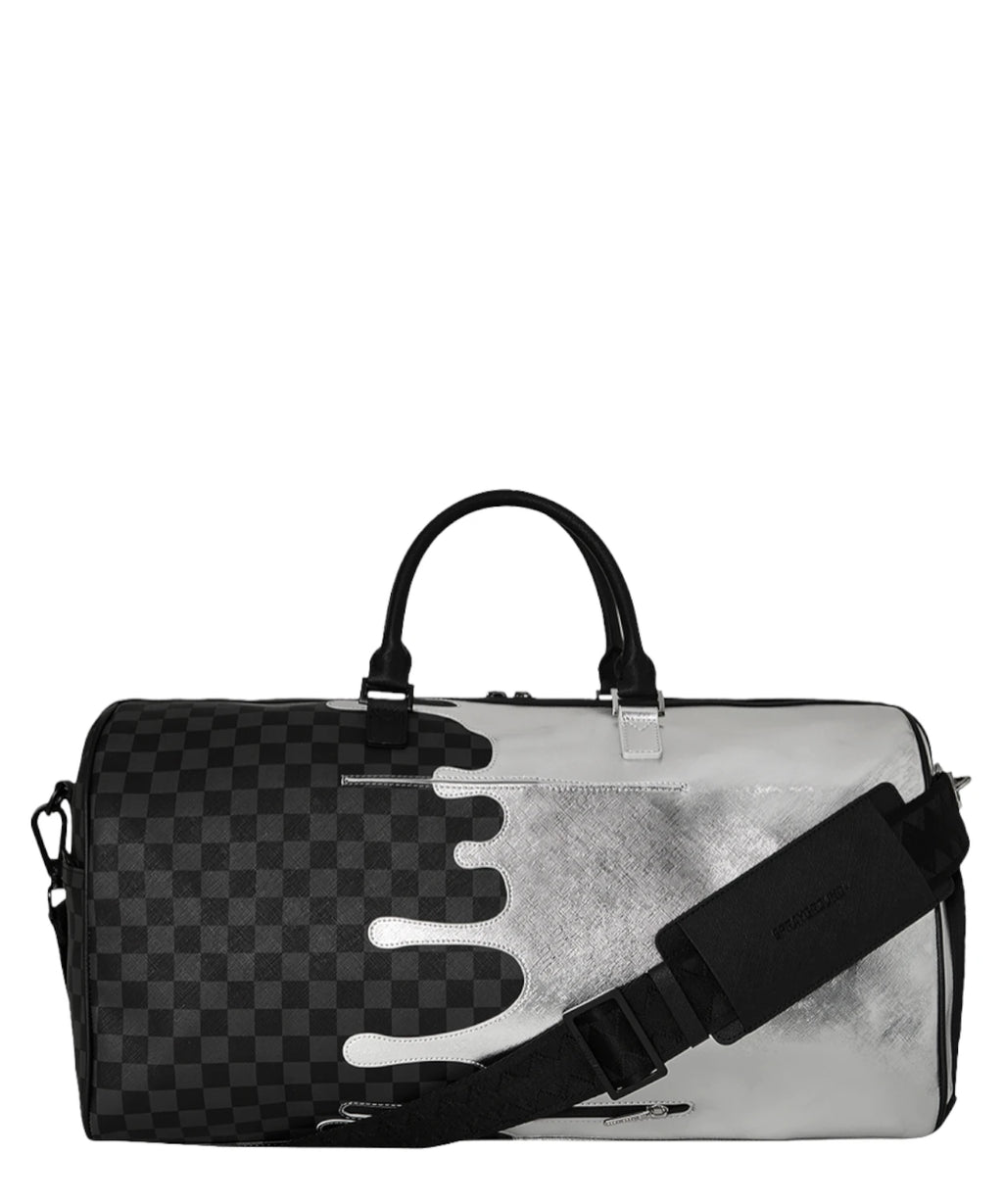 Sprayground Silver Side Drip Black Check Large Duffel Bag