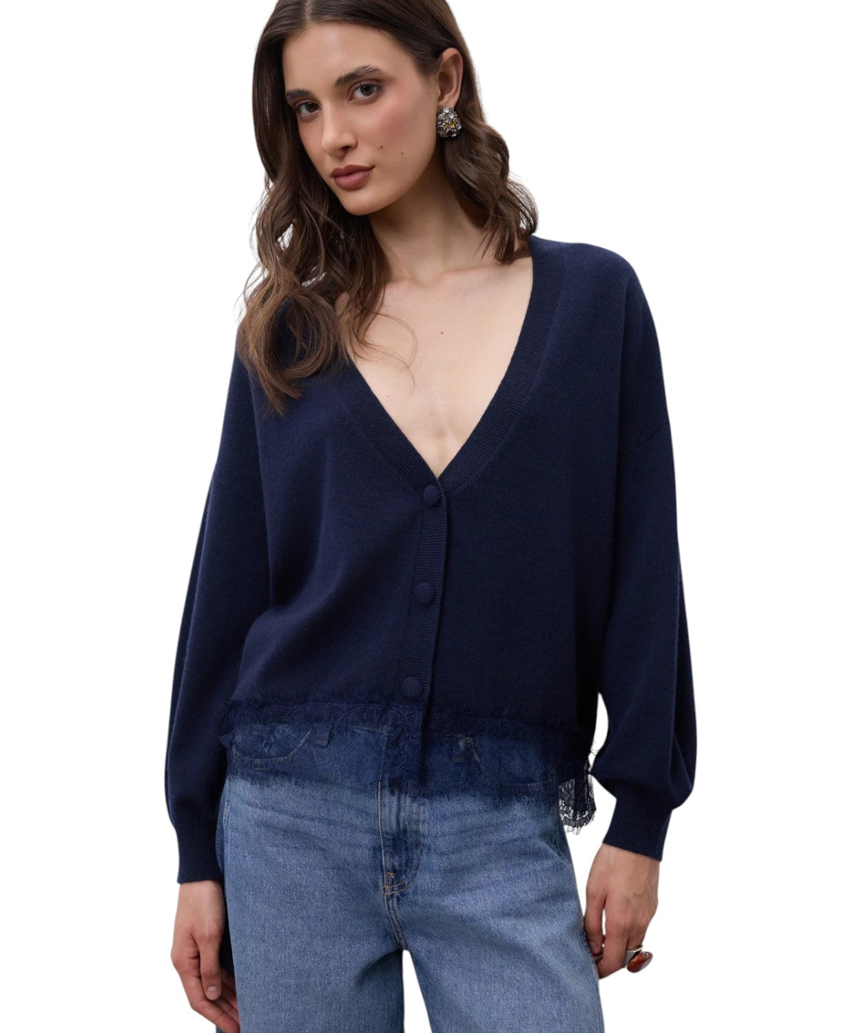 Cardigan Dotty Cashmere Scollo a V con Pizzo