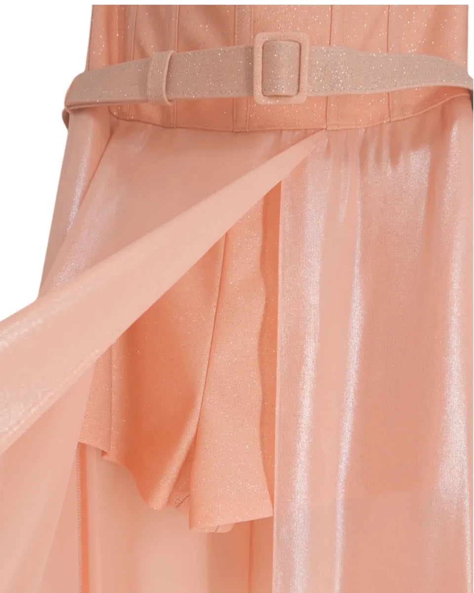 Abito lungo da sera in tulle glitterato color pesca con bustier e cintura-Abiti-Soani-Vittorio Citro Boutique