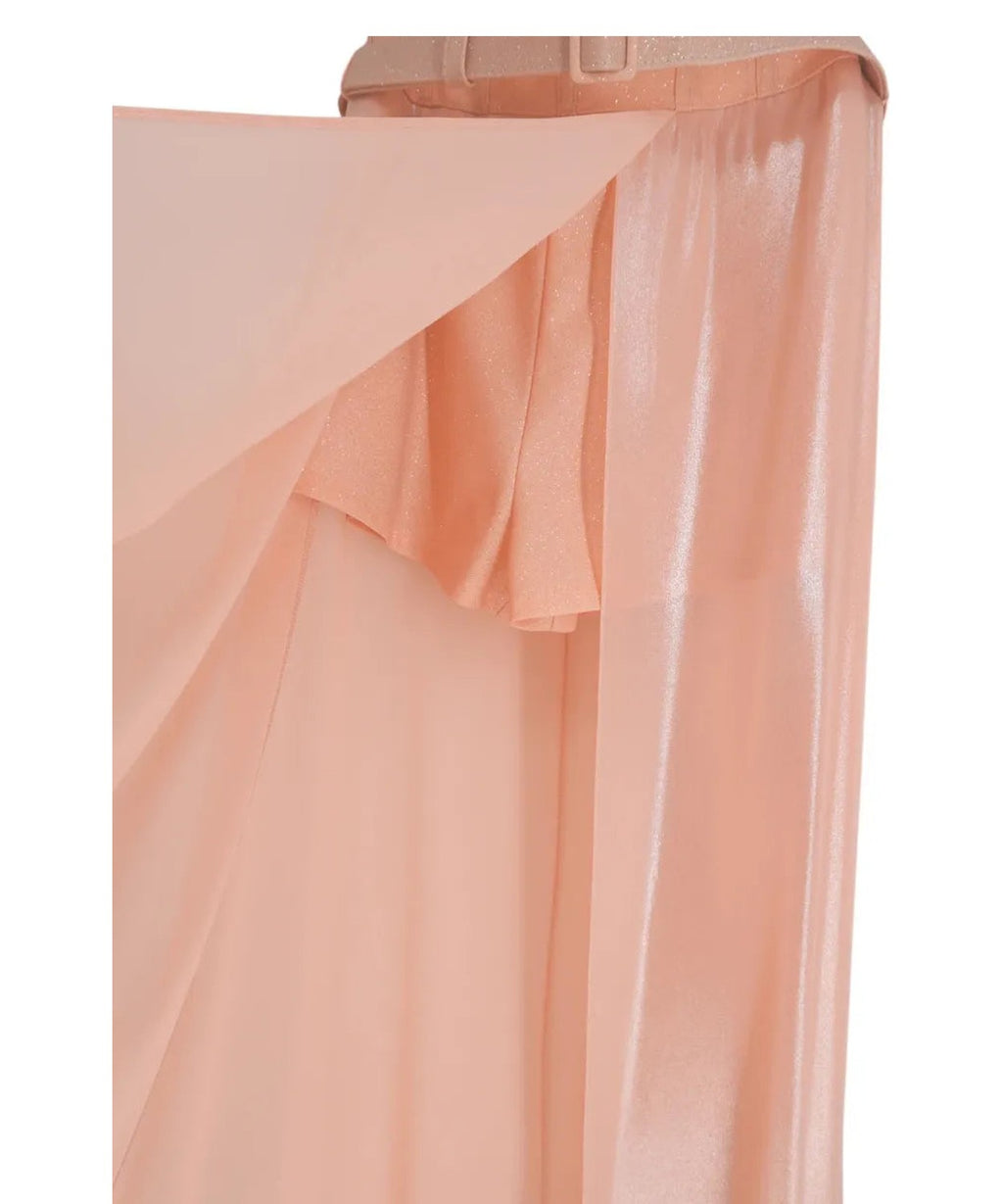 Abito lungo da sera in tulle glitterato color pesca con bustier e cintura-Abiti-Soani-Vittorio Citro Boutique