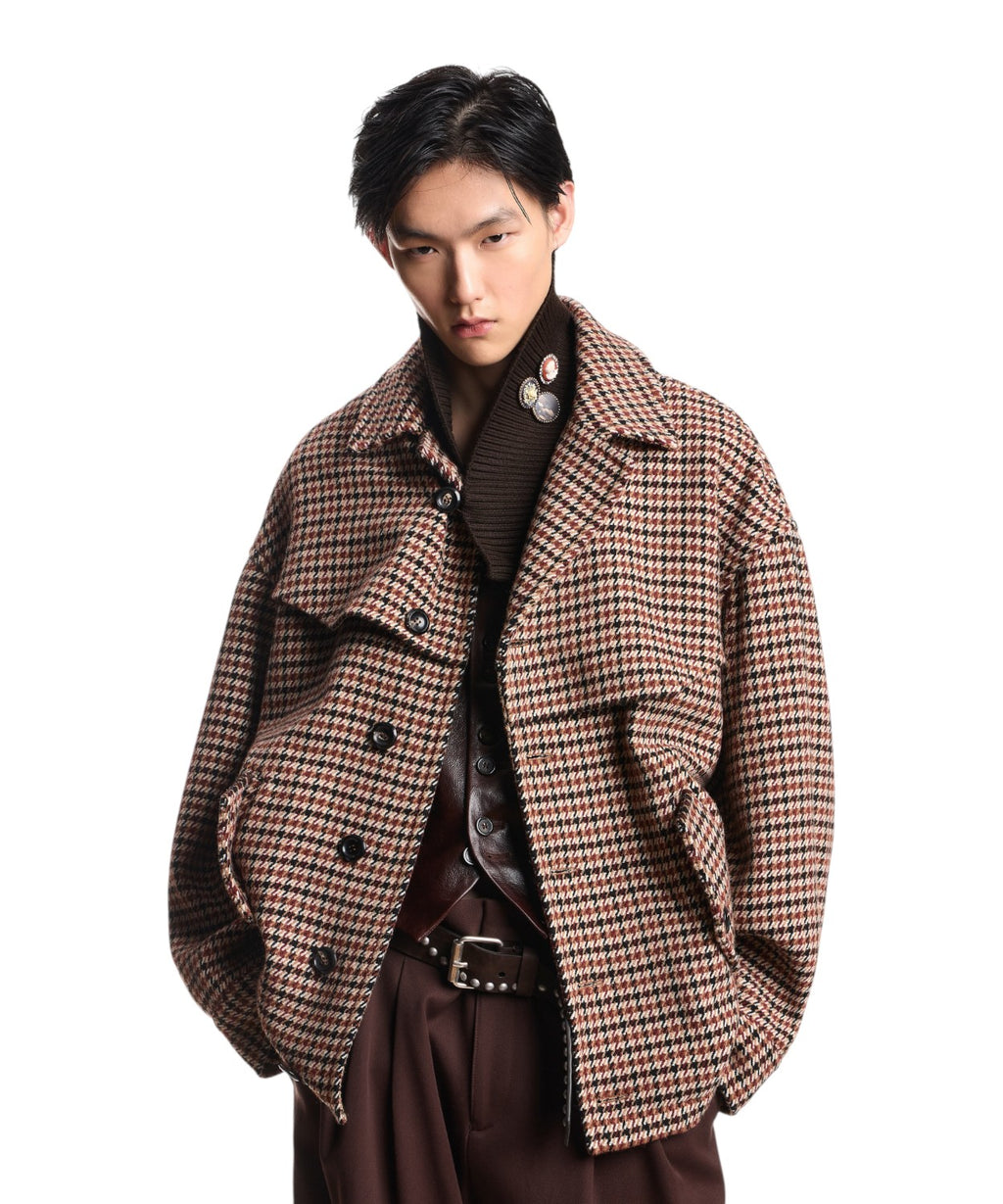 Caban Uomo in Lana Vergine Tweed Check Pied-de-Poule