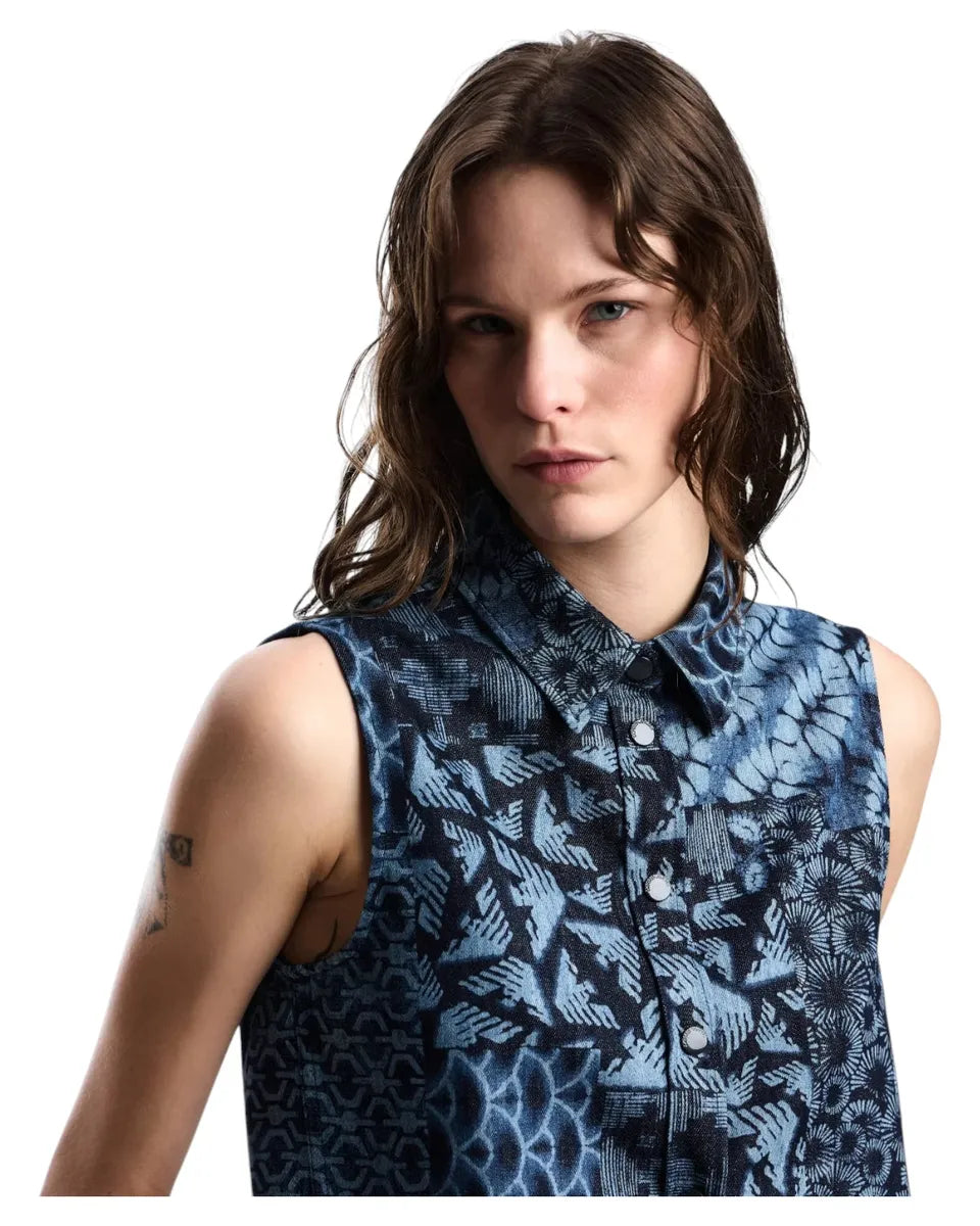 Gilet in Denim di Cotone con Stampa All Over e Collo Classico-Emporio Armani-Gilet-Vittorio Citro Boutique