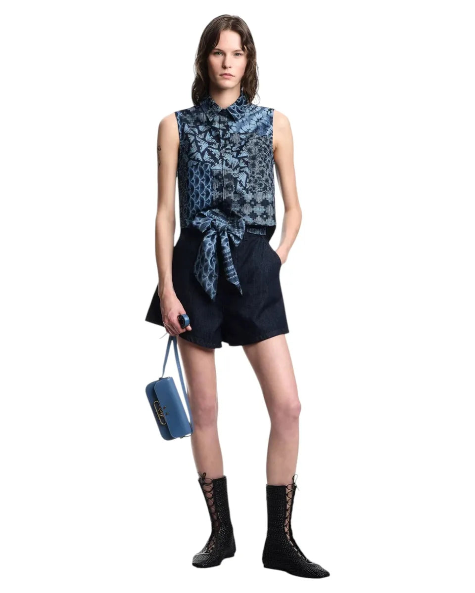 Gilet in Denim di Cotone con Stampa All Over e Collo Classico-Emporio Armani-Gilet-Vittorio Citro Boutique