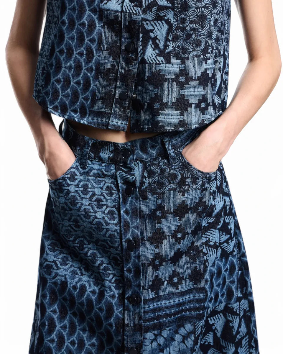 Gonna lunga in denim di cotone con stampa all over e bottoni frontali-Emporio Armani-Gonne-Vittorio Citro Boutique