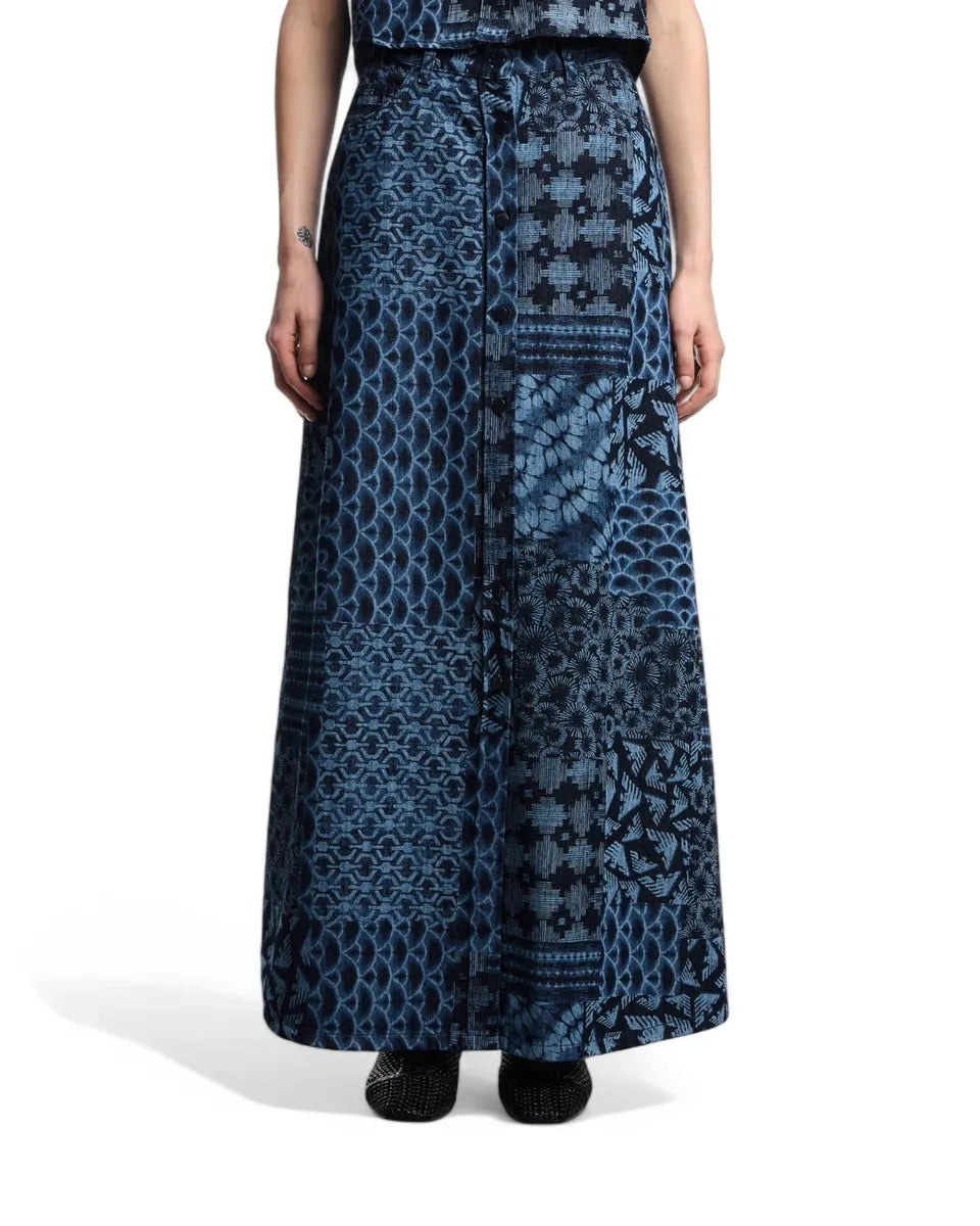 Gonna lunga in denim di cotone con stampa all over e bottoni frontali-Emporio Armani-Gonne-Vittorio Citro Boutique