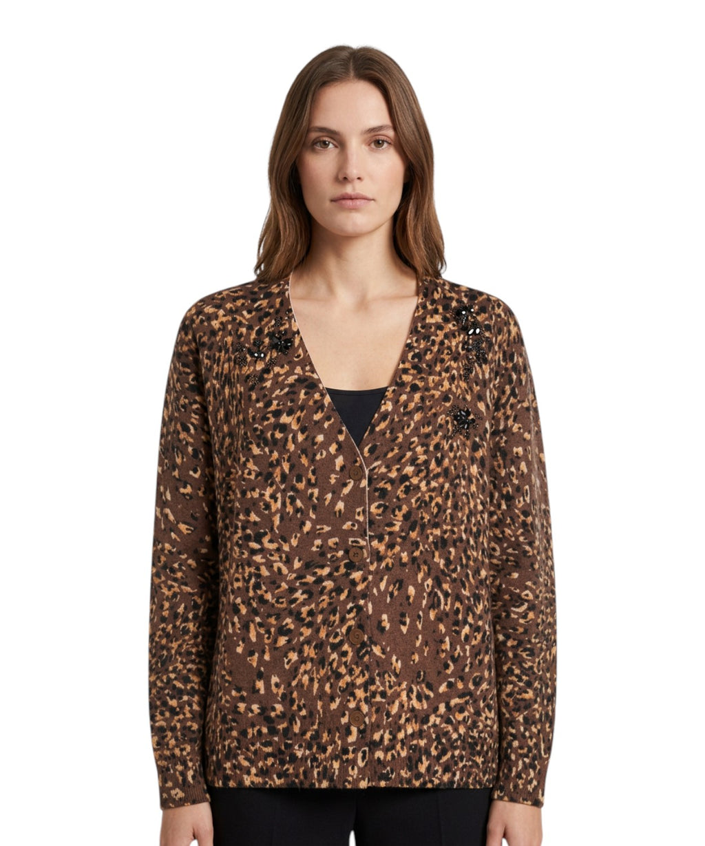 Cardigan Twinset con Applicazioni e Stampa Animalier