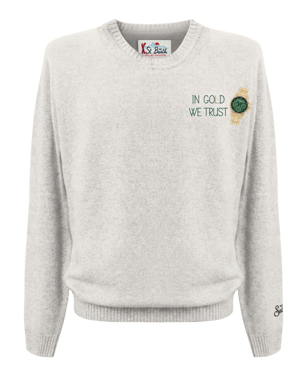 Heron Light Pullover mit der Stickerei „Sommelier…“.