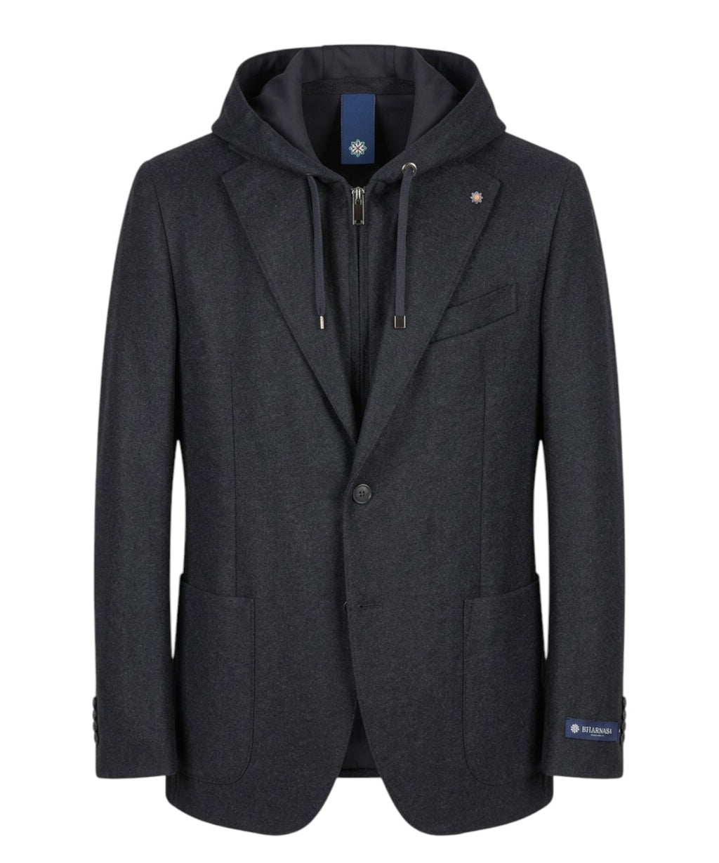 Giacca Uomo Castellino Monopetto in Lana con Zip e Cappuccio