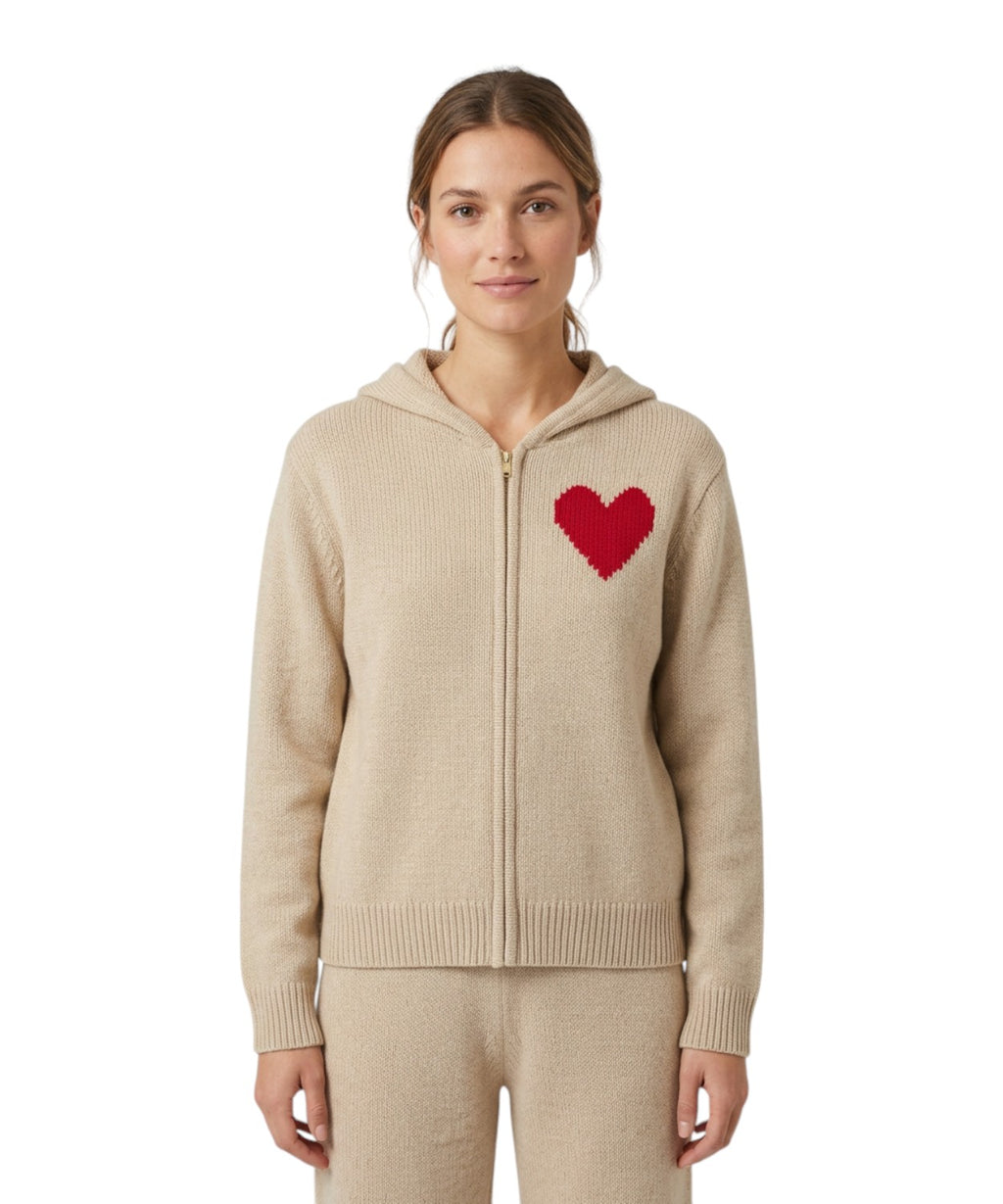 Felpa Donna Cappuccio in Lana con Cuore Intarsiato