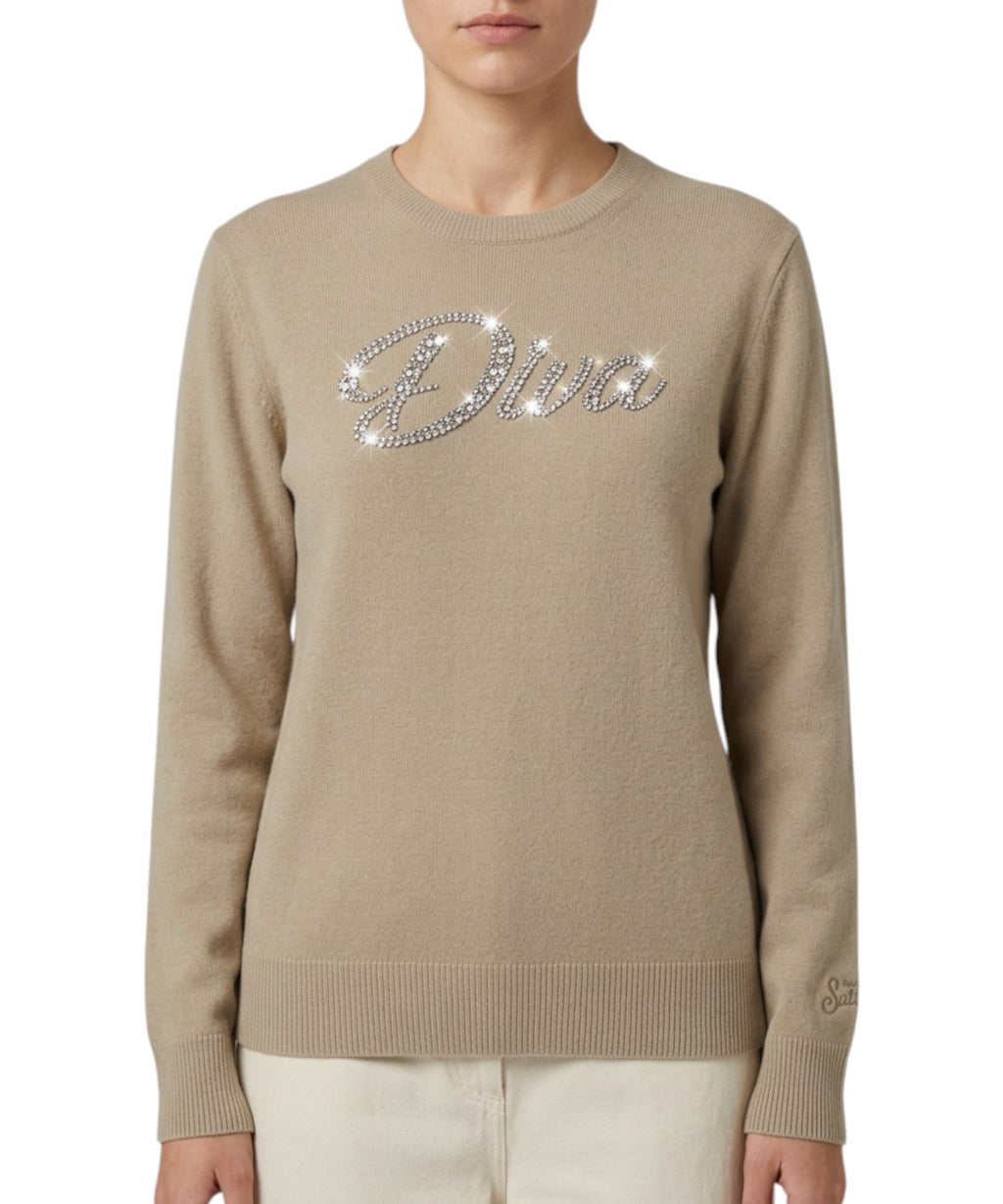 Maglia Effetto Alpaca New Queen con Scritta DIVA Strass