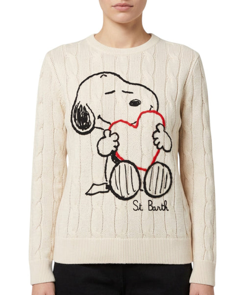 Jersey New Queen de lana trenzada con bordado de Snoopy