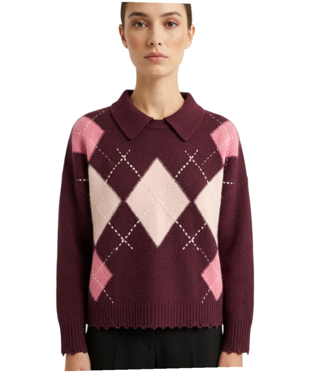Maglione Pinko Crop a Quadri con Orlo Sfilacciato
