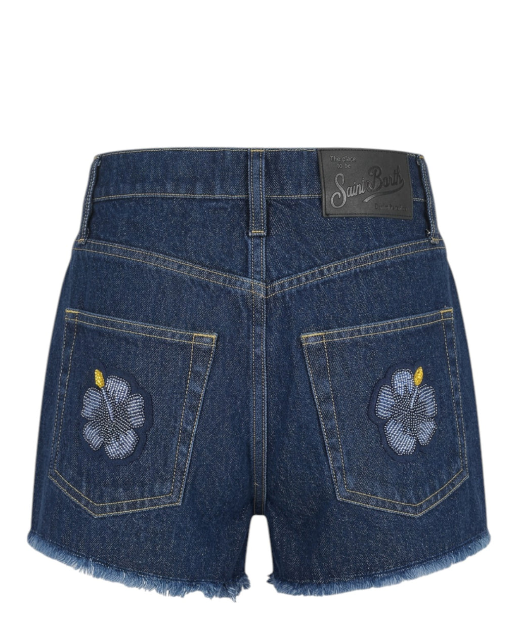 Shorts Musa Denim con Patch Floreali e Perline