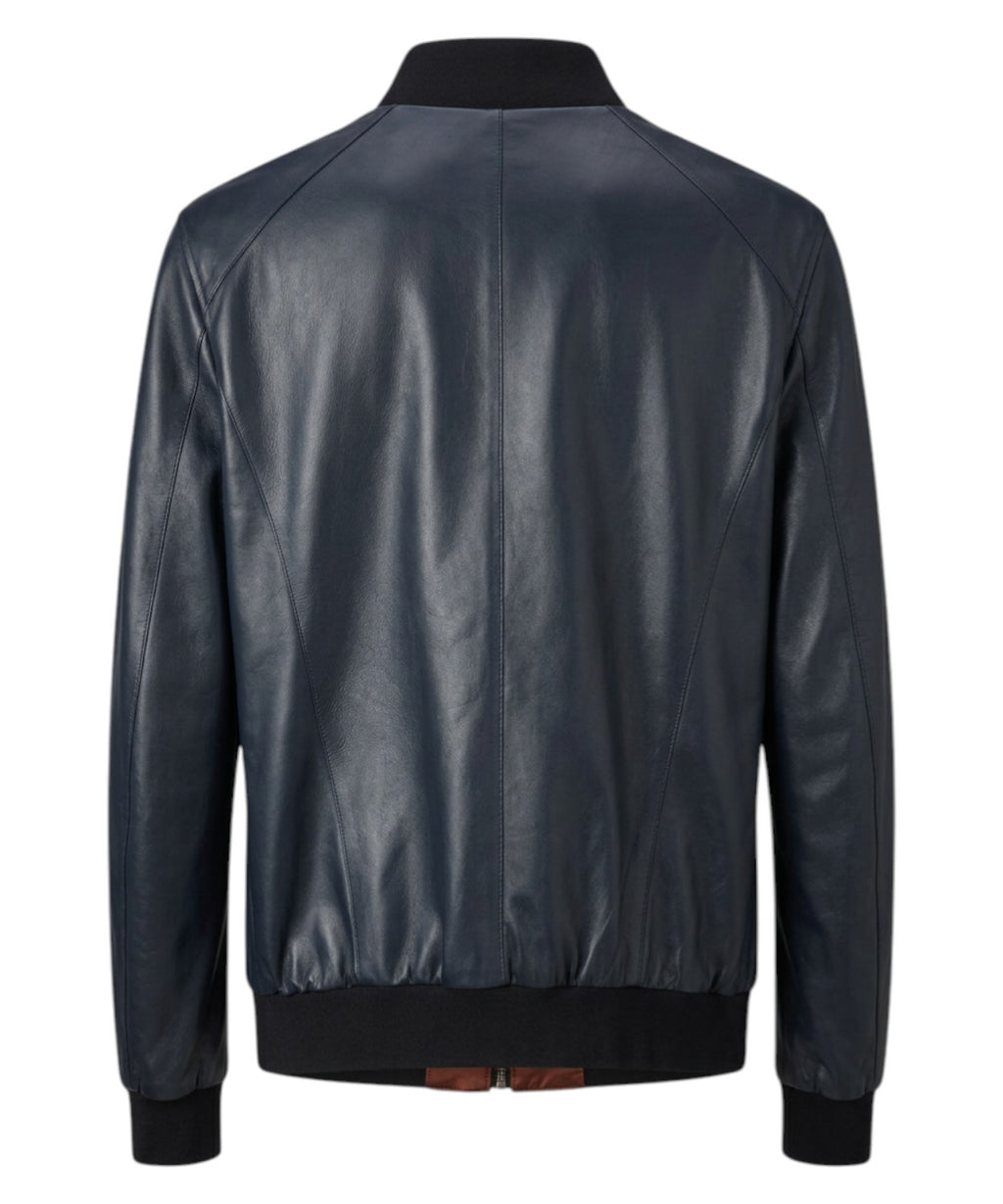 Giubbotto Uomo Pelle Blu con Zip e Collo Bomber