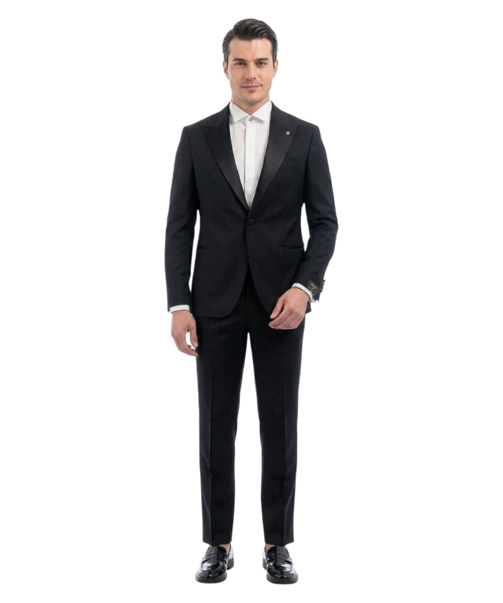 Manuel Ritz Men's Black Slim Fit Tuxedo Suit in Fresh Stretch Wool with Peak Lapel